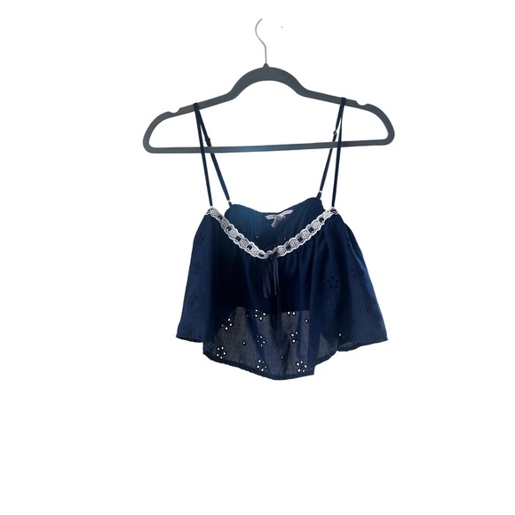 Victoria's Secret Tops - Victoria's Secret Navy Blue Eyelet Lace Trim Babydoll Camisole Crop Top Large
